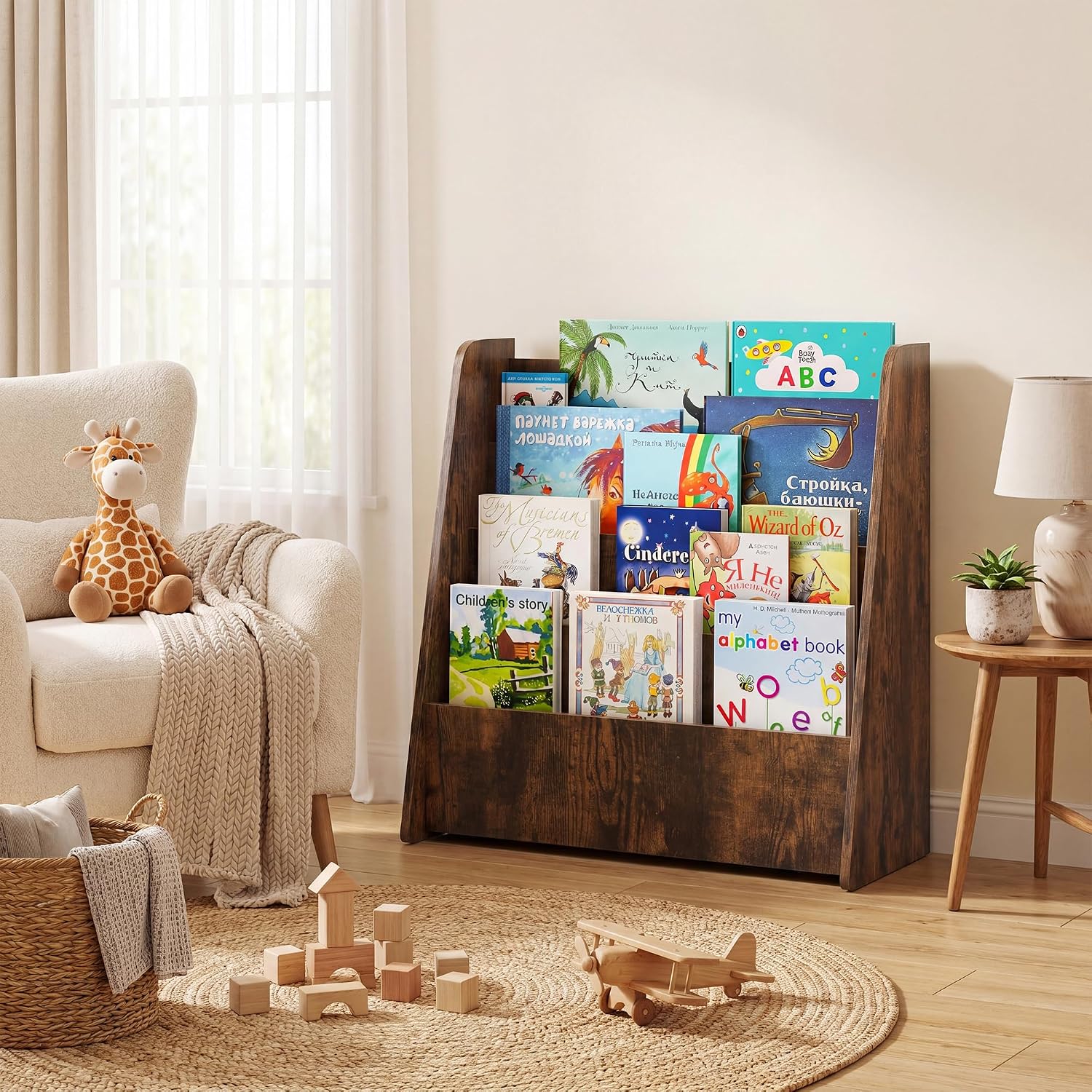 GLACER 4-Tier Kids Bookshelf, Wood Toddler Bookcase with Deep Magazine Display Shelf & Back Storage Space, Children Storage Organizer for Nursery, Playroom, Kids Bedroom, Classroom (Rustic Brown)