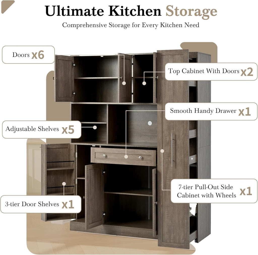 roomfitters Large Kitchen Pantry Cabinet with Pull-Out Side Storage and Hutch, Shaker Style Buffet, Brown