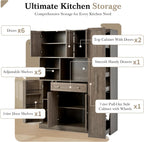 Virubi 70" Large Kitchen Pantry Storage Cabinet with Doors and Shelves, Wood Farmhouse Tall Buffet Cabinet with Hutch and Drawers, Large Cupboard with Pull-Out Side Cabinet, Freestanding (Brown)