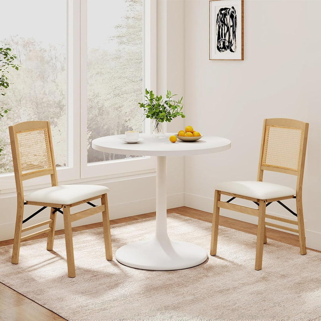HAPPYGRILL Folding Dining Chairs Set of 2, Wood Kitchen Chair with Rattan Backrest & Padded Seat, Foldable Armless Side Chairs Set for Dining Room, Living Room, No Assembly (2, Natural & Beige)