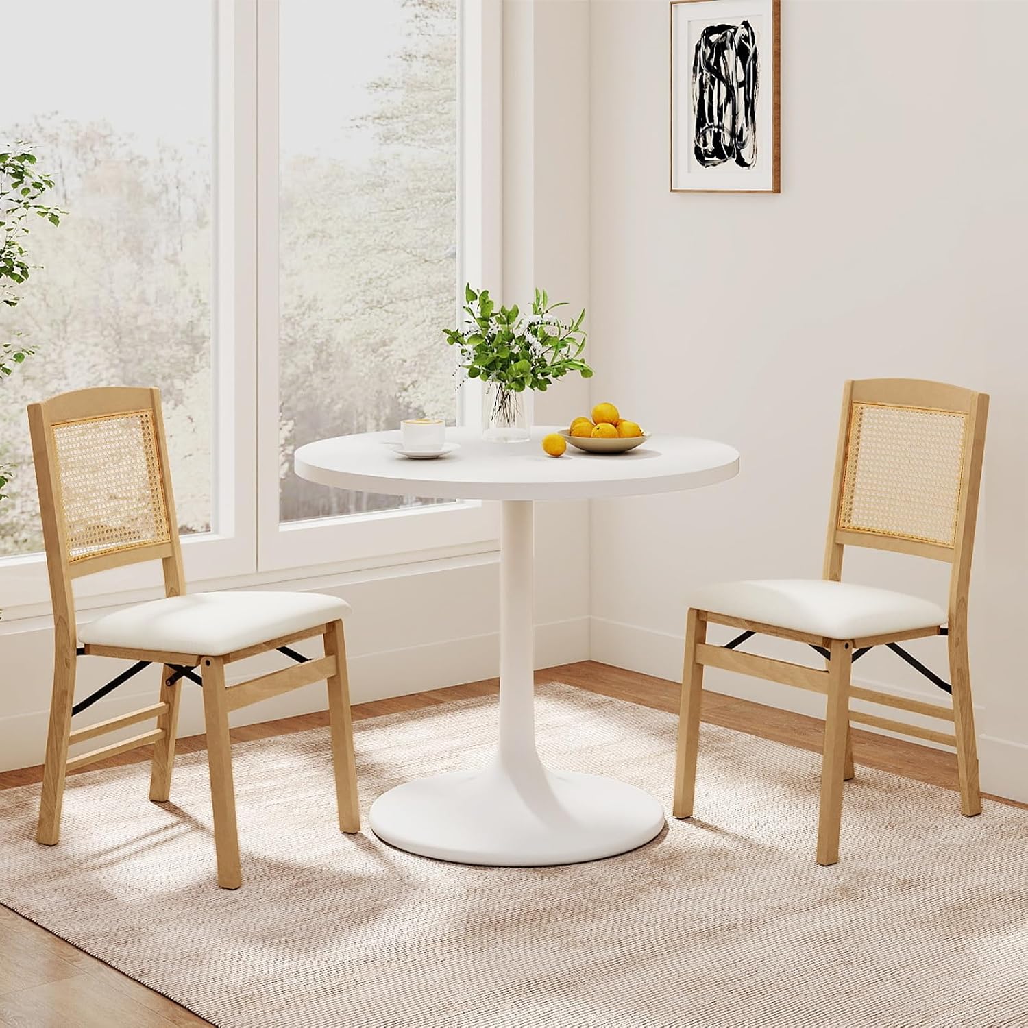 HAPPYGRILL Folding Dining Chairs Set of 2, Wood Kitchen Chair with Rattan Backrest & Padded Seat, Foldable Armless Side Chairs Set for Dining Room, Living Room, No Assembly (2, Natural & Beige)