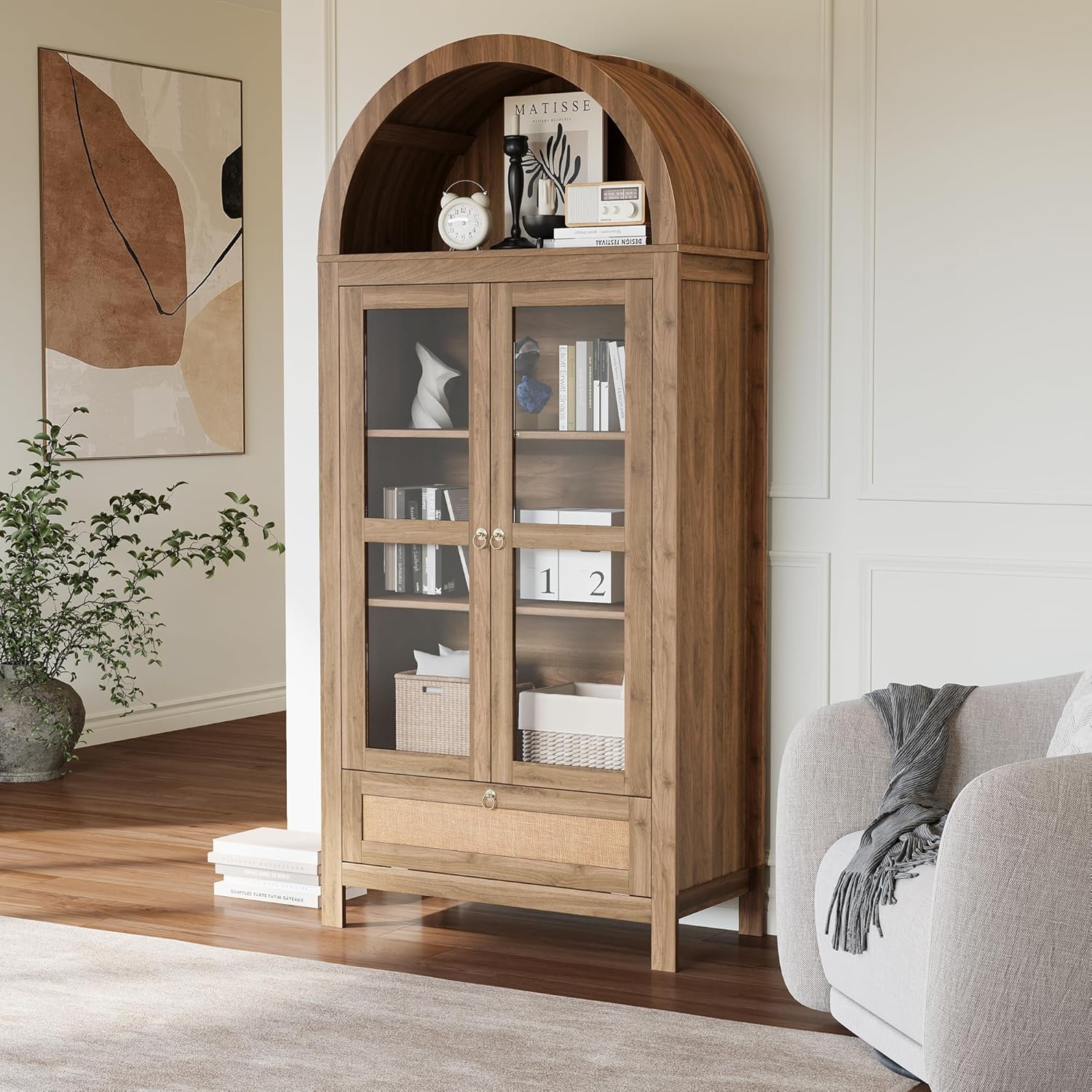 71” Tall Arched Kitchen Pantry Cabinet, Modern Farmhouse Hutch Storage Cabinets with Large Drawer and Glass Doors for Kitchen, Dining Room, Living Room, Natural