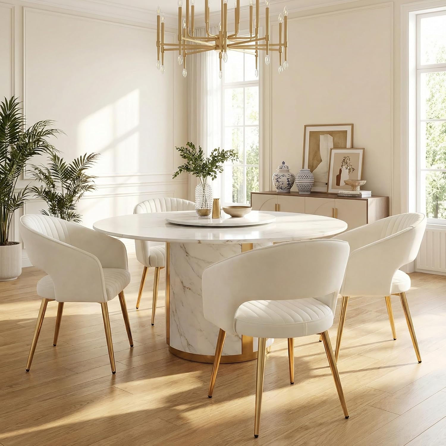Velvet Dining Chairs Set of 4, Upholstered Dining Room Chairs with Gold Metal Legs, Modern Accent Kitchen Chairs with Curved Backrest for Living Room, Beige