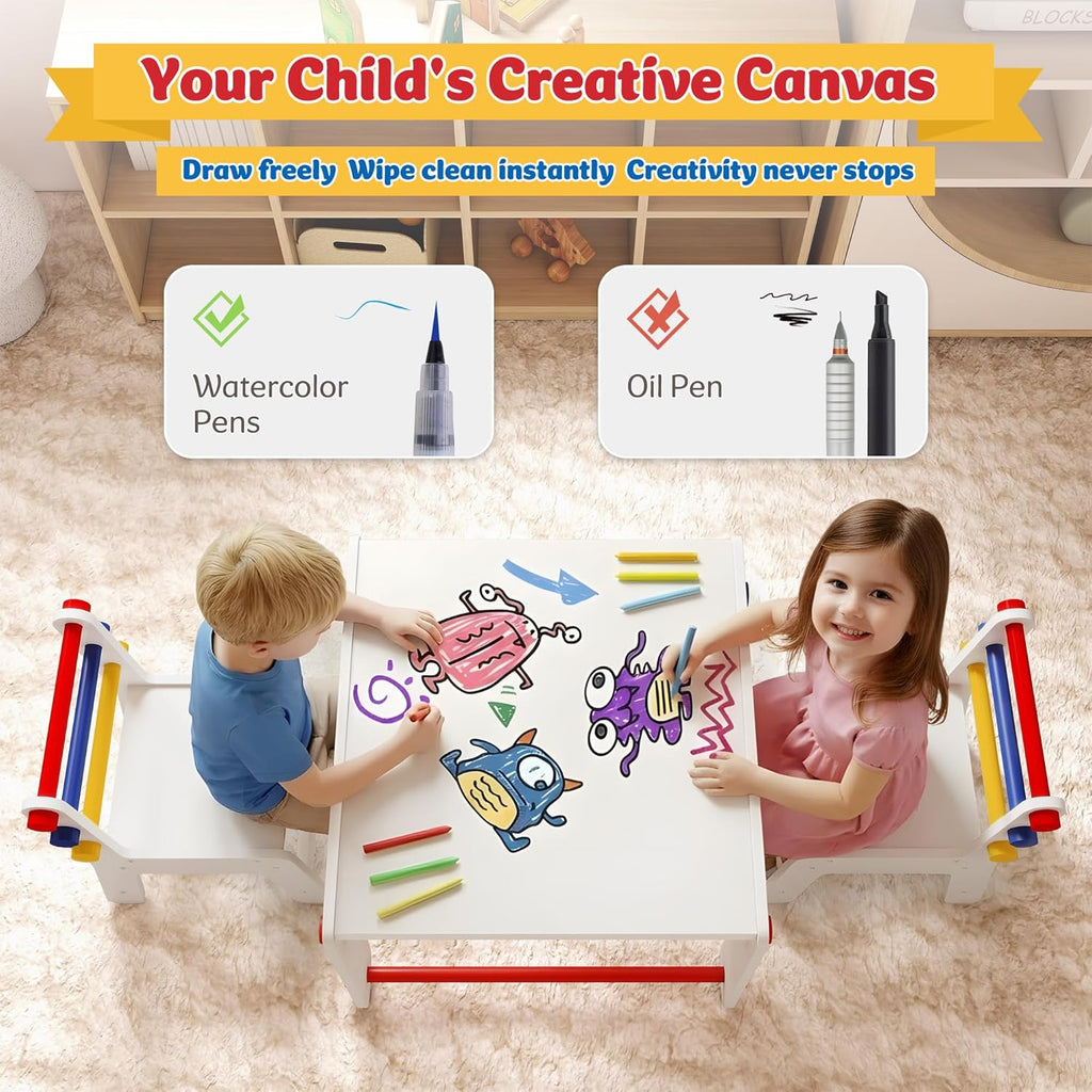 DOREROOM Wooden Kids Table and Chairs Set – 4-in-1 Activity Table with Removable Storage & Washable Graffiti Desktop for Drawing/Crafts/Arts/Reading, Toddler Desk for Home, Playroom, Ages 3+, White