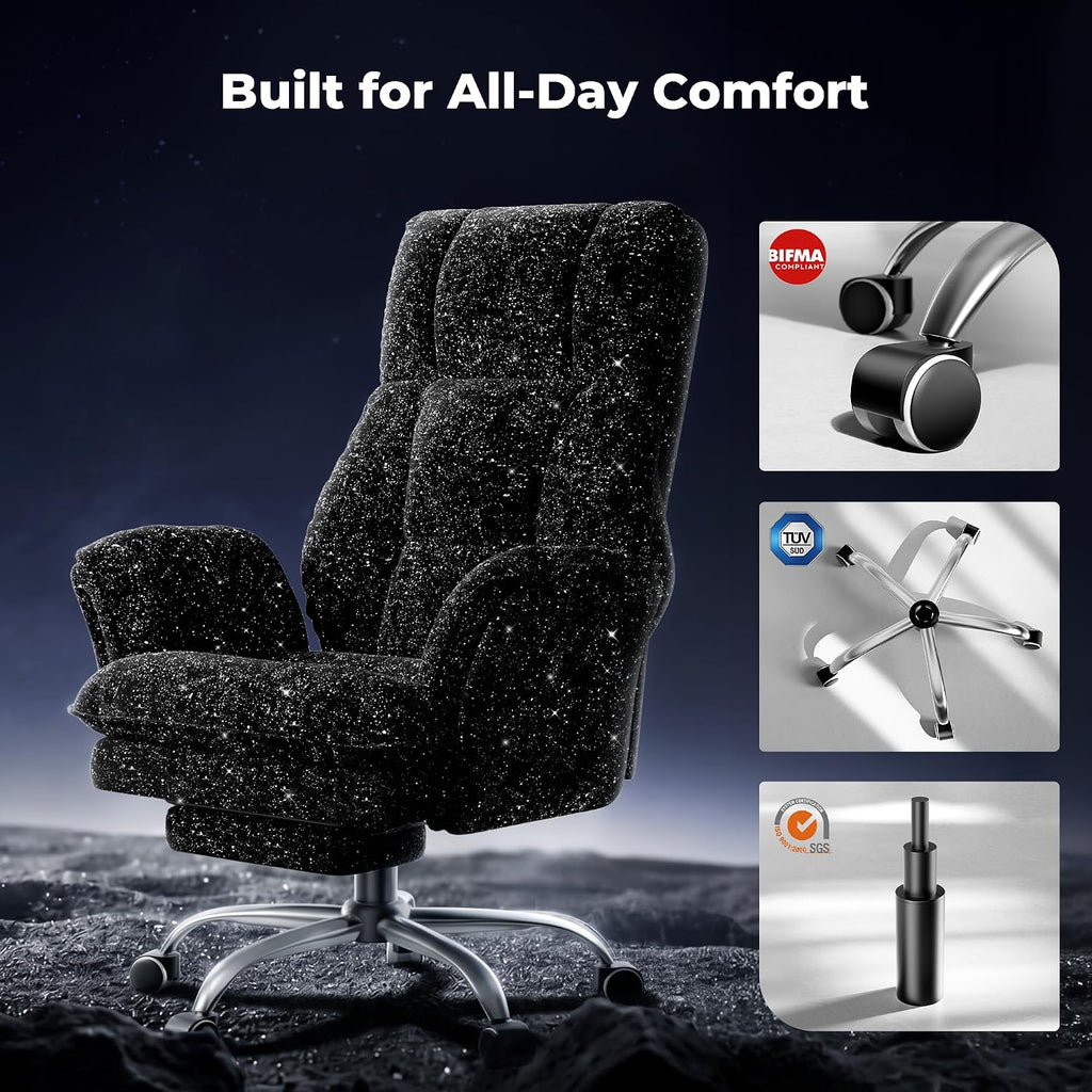 HOMRELEXA Big and Tall Office Chair, Flip Armrests for Pets & Cross Legged Sitting, Executive Ergonomic Computer Gaming Chair with Foot Rest, Gliter Fabric Wide Seat Reclining Desk Chair