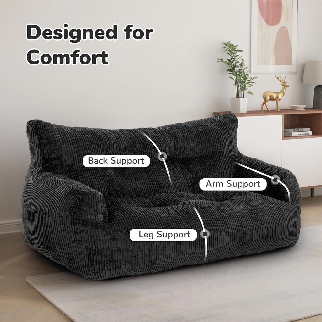 59" Bean Bag Chair,2 Seat Loveseat Sofa,Corduroy Lazy Sofa Bed for Adults,Fit Living Room, Bedroom,Outdoor Spaces,Ultra Soft Dutch Velvet,Fluffy Comfort Washable Cover,72h Rebound,Black