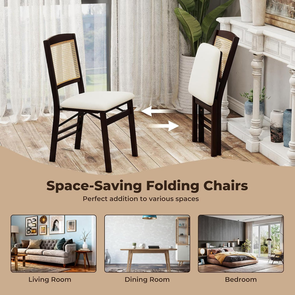 GOFLAME Folding Dining Chairs Set of 2, Linen Fabric Upholstered Kitchen Chairs with Padded Seat and Rattan Backrest, Rubber Wood Legs, Foldable Chairs for Dining Room, Living Room, Espresso