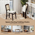 GOFLAME Folding Dining Chairs Set of 2, Linen Fabric Upholstered Kitchen Chairs with Padded Seat and Rattan Backrest, Rubber Wood Legs, Foldable Chairs for Dining Room, Living Room, Espresso