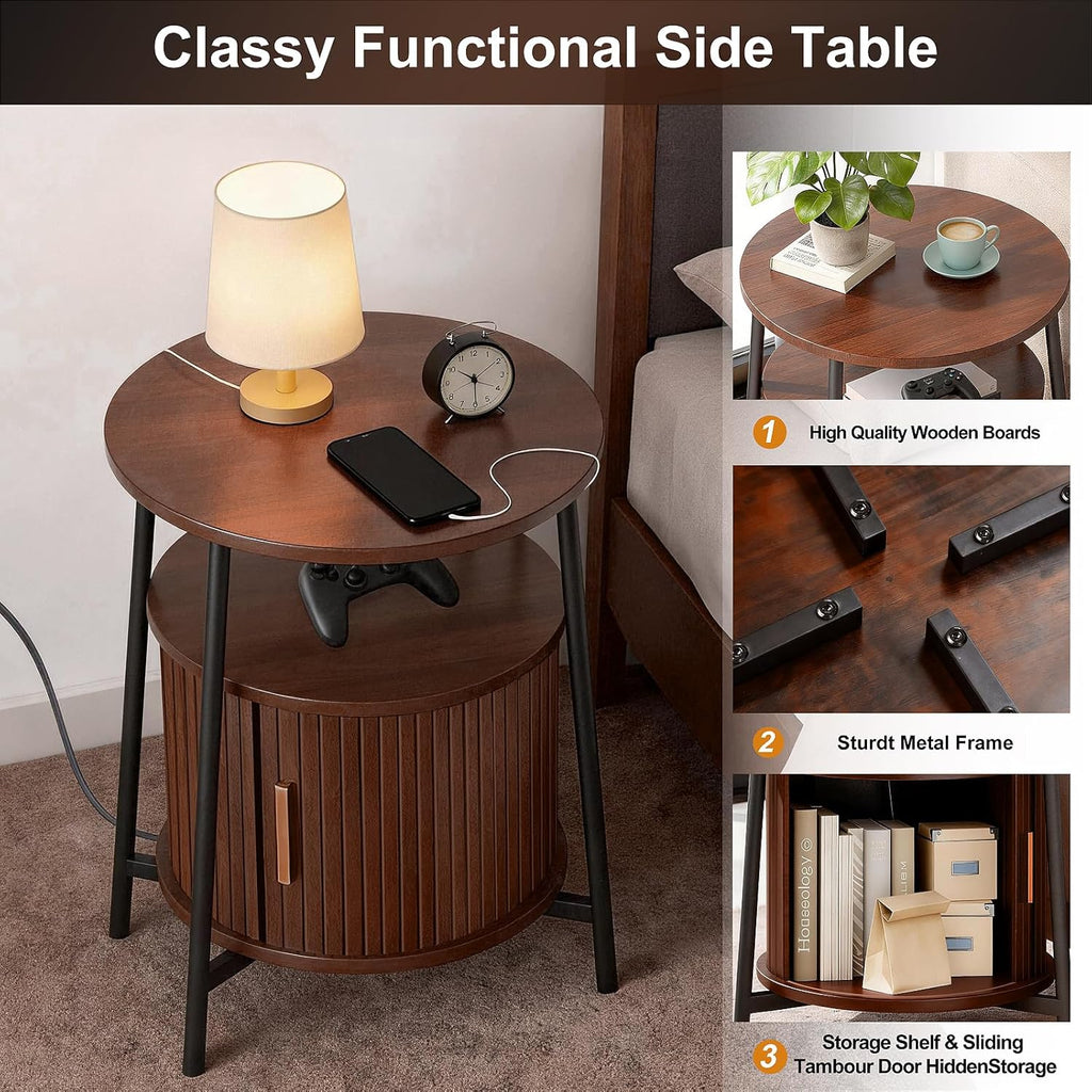DHH Round End Tables with Charging Station, Fluted Accent Side Table with Sliding Door, Mid-Century Modern Nightstand for Small Space Storage, Living Room, Bedroom,Sofa Couch(1, Walnut)