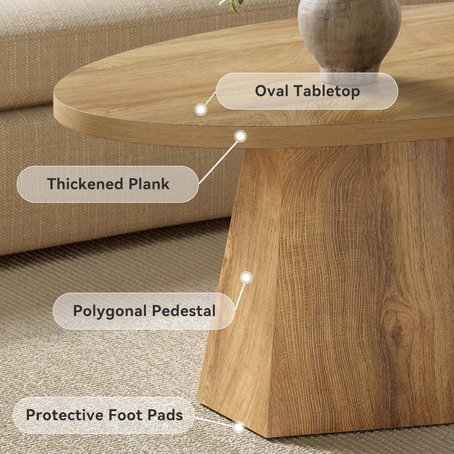 Oval Coffee Table, 47-Inch Living Room Table with Polygonal Pedestal, Modern Center Accent Furniture, Child-Friendly, Easy Assembly, Yellowish Brown