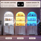Vlsrka 71" Tall Arched Cabinet, Kitchen Pantry Cabinets, Arched Bookshelf/Bookcase,China Cabinet, Wood Kitchen Storage Cabinets with Open & Adjustable Shelves, Induction 3 Color Lights, White
