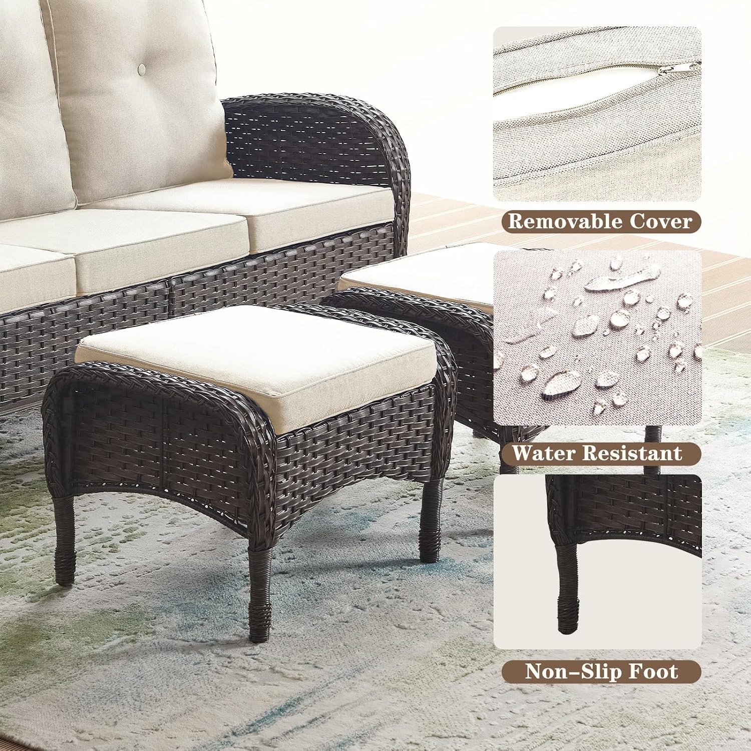 Belord Outdoor Ottomans for Patio Foot Rest - 25 Inch PE Wicker Foot Stool Set of 2 with Removable Cushions for Patio Furniture Sets,All Weather Rattan Ottoman for Balcony Deck Backyard Brown