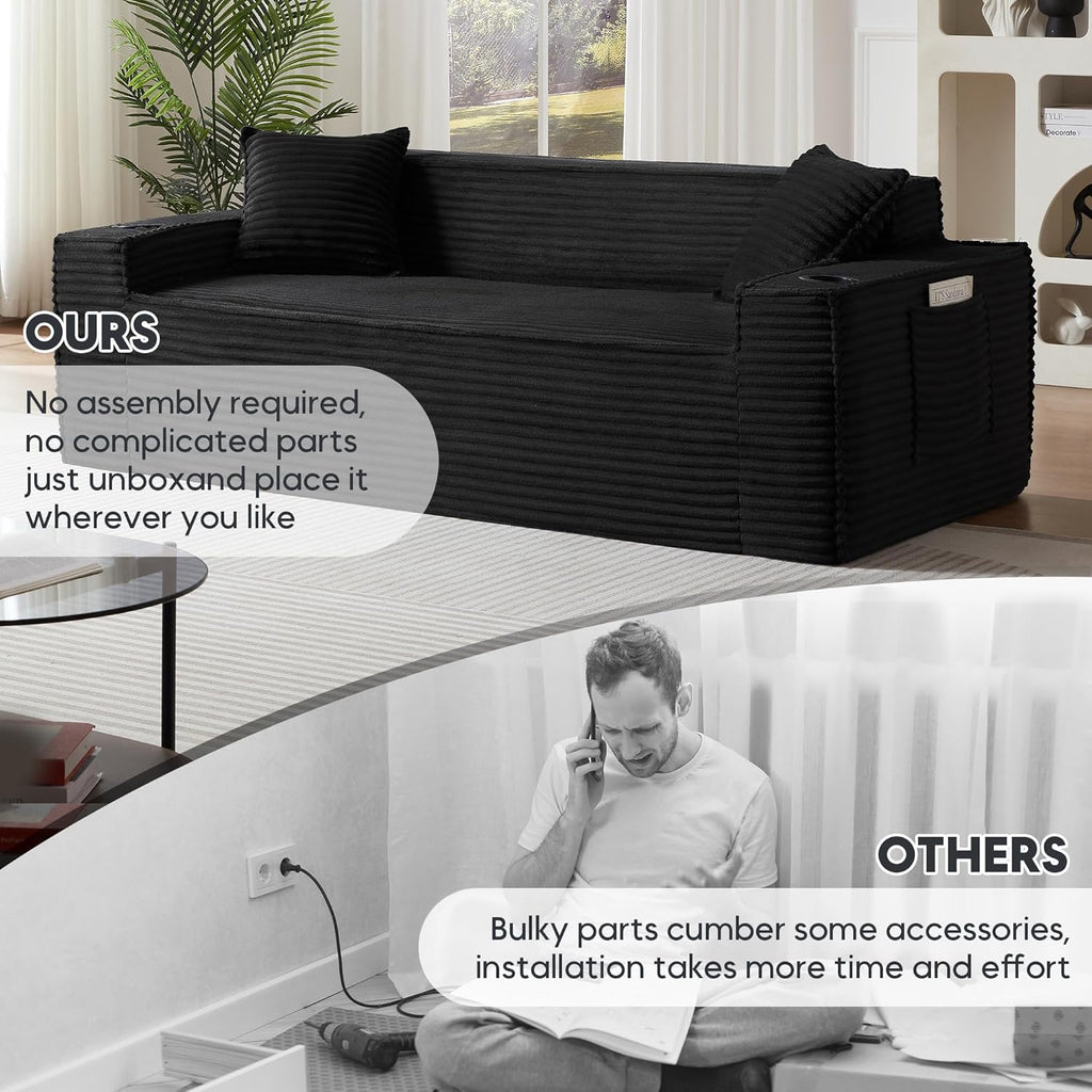 Boneless Sectional Sofa 3 Piece Set with Cup Holders & Side Pockets, Modern Corduroy Fabric Deep Seat Cloud Couch Living Room, Office, No Assembly (Black)