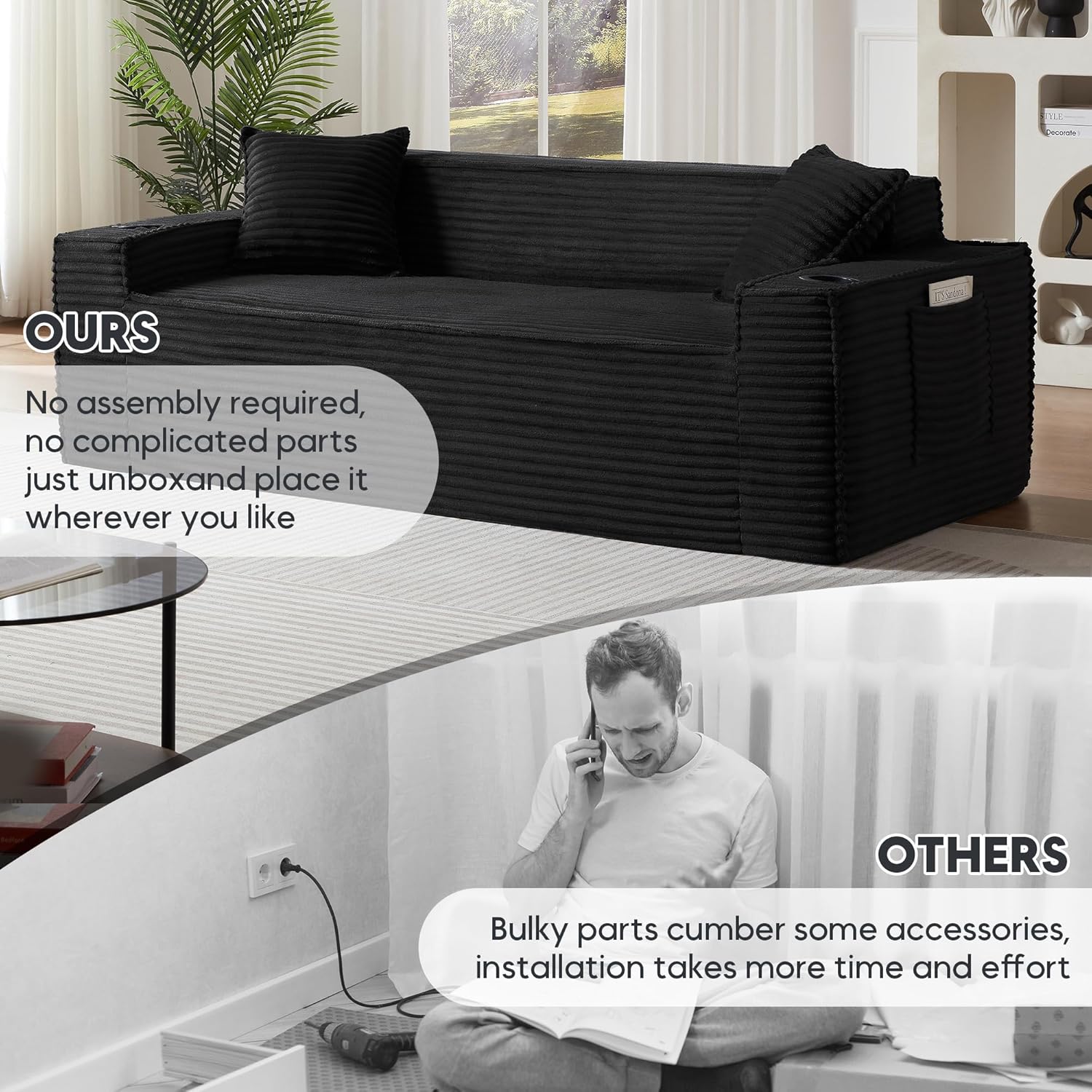 Boneless Sectional Sofa 3 Piece Set with Cup Holders & Side Pockets, Modern Corduroy Fabric Deep Seat Cloud Couch Living Room, Office, No Assembly (Black)