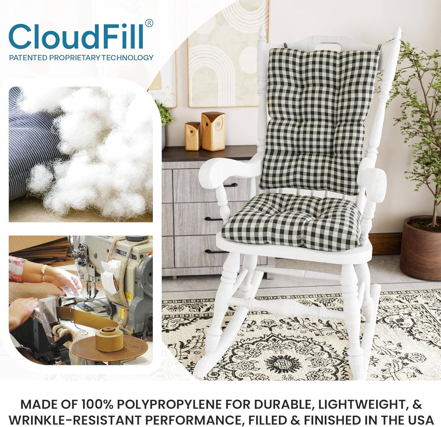 Klear Vu The Gripper Non-Slip Rocking Chair Cushion Set with Thick Padding, Includes Seat Pad & Back Pillow with Ties for Indoor Living Room Rocker, 17x17 Inches, 2 Piece Set, Gingham Black