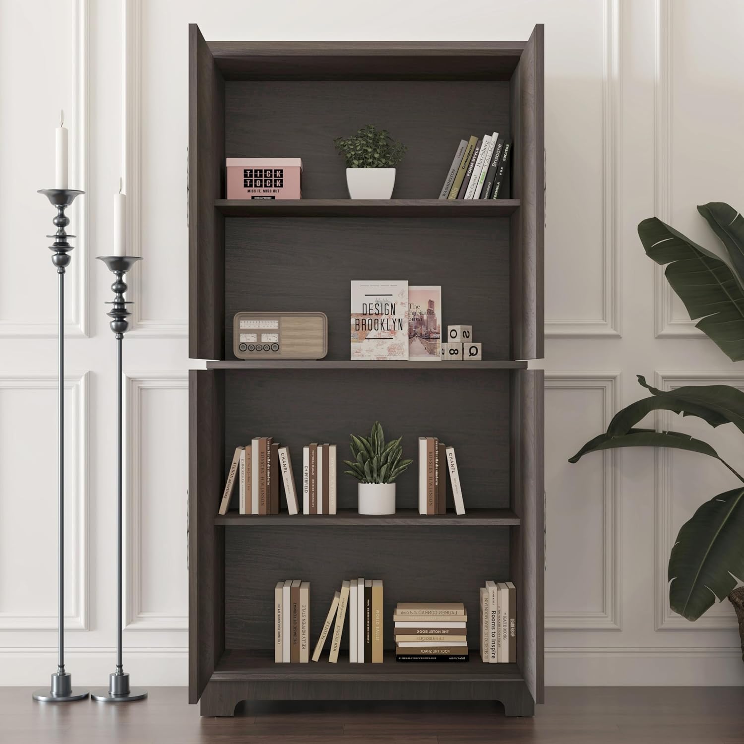 JIJIWANG Kitchen Pantry Storage Cabinet with Acrylic Mirrored Doors,Large Sideboard Buffet with Adjustable Interior Shelf,for Dining Room, Living Room, Hallway,Brown