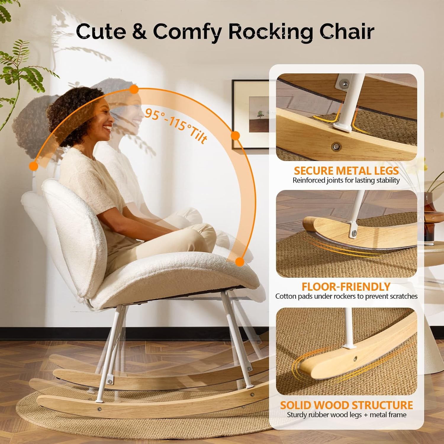 VINGLI 25.6" Extra Wide Nursery 115° Armless Rocking Chair, Curved Cute Cross-Legged Glider Chair with Pillow & Solid Wood, Nursing Chair for Bedroom, Living Room, Teddy Fleece, White Cream