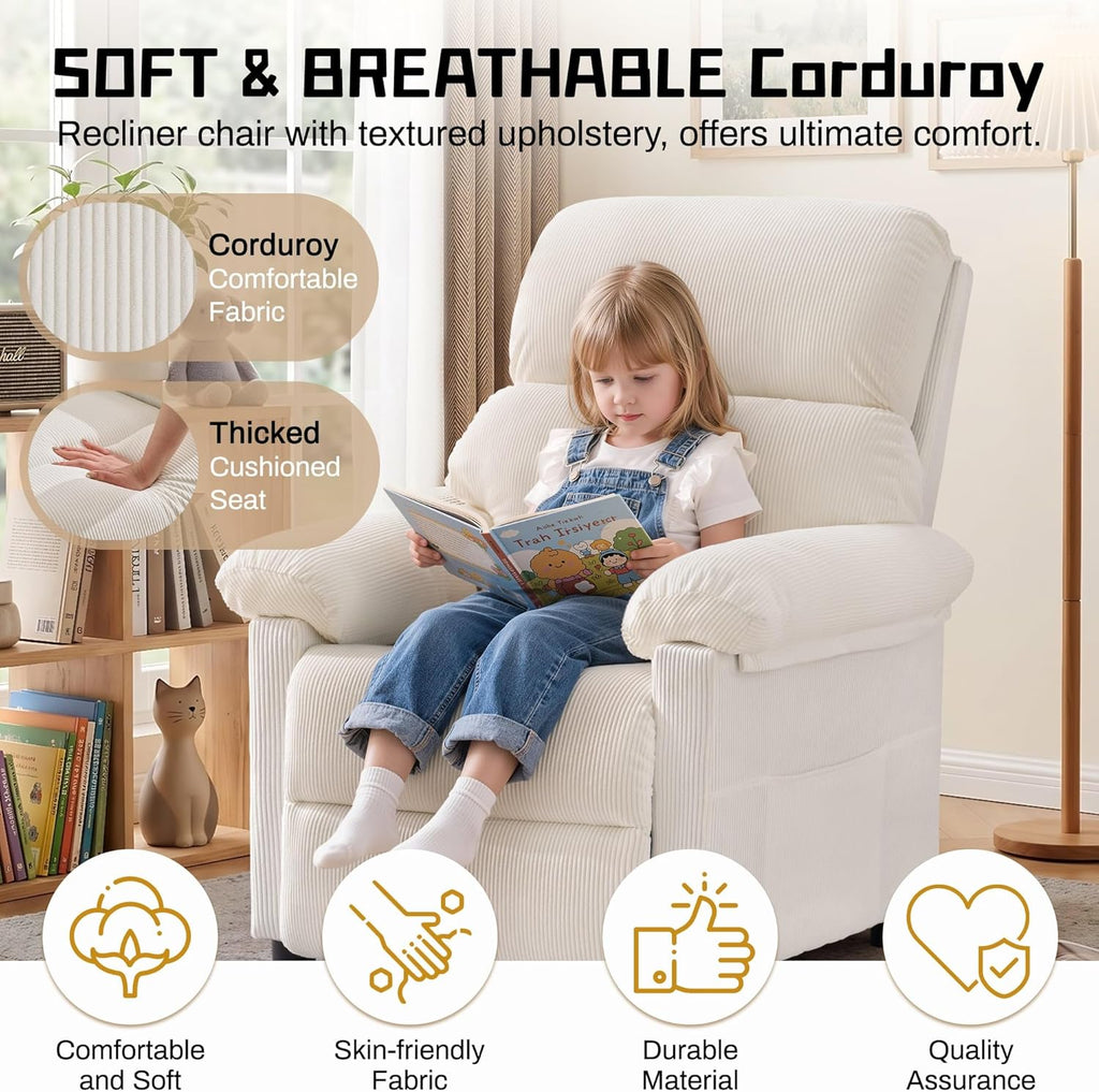 Korser Recliner Chair, Living Room Recliner Chairs for Adults, Small Recliners for Small Spaces, Upholstered Manual Reading Chair with Side Pockets, Nursery Chair for Living Room, Corduroy, Beige