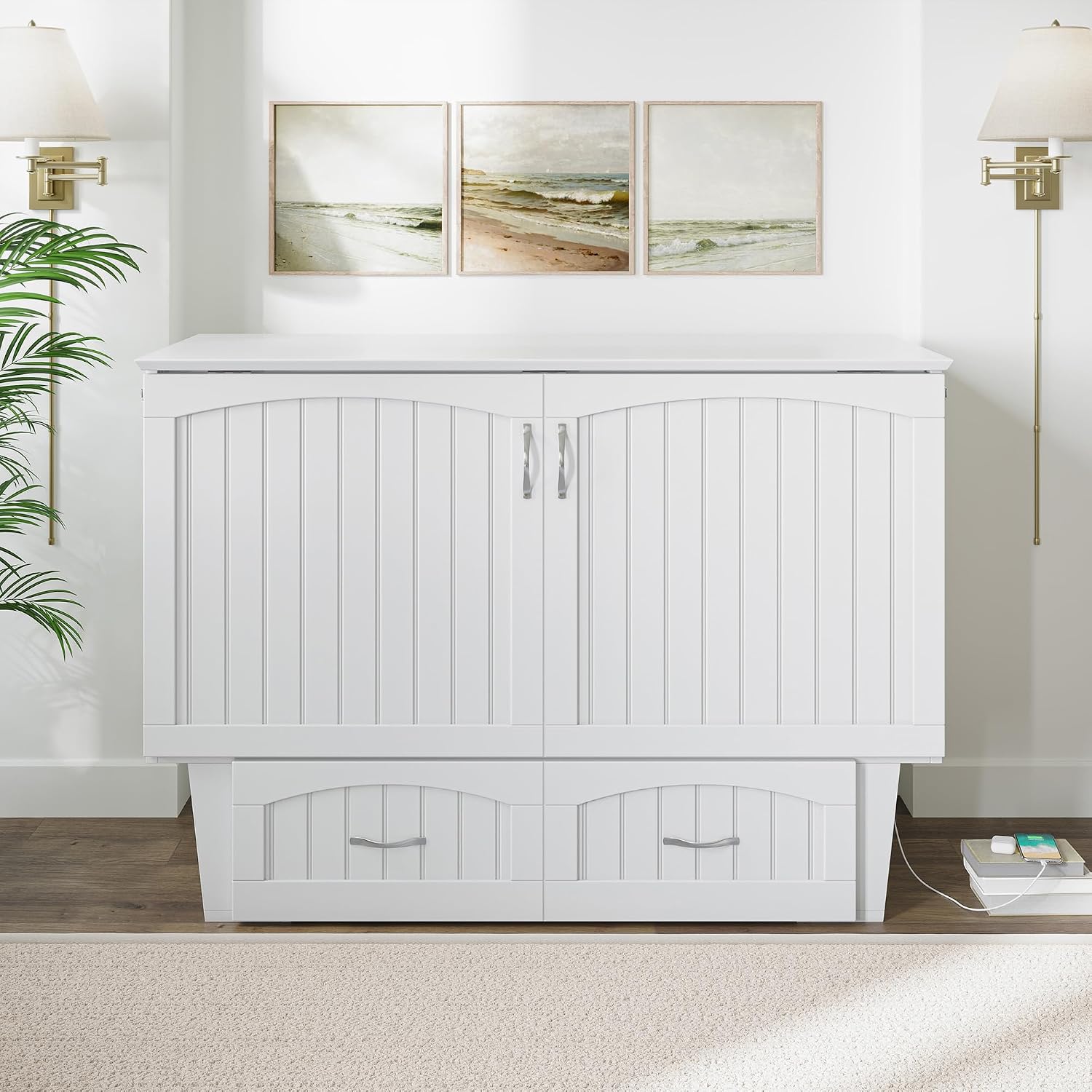 AFI, Nantucket Full Size Murphy Bed Chest with Mattress, Storage Drawer and Built-in USB Charger, White