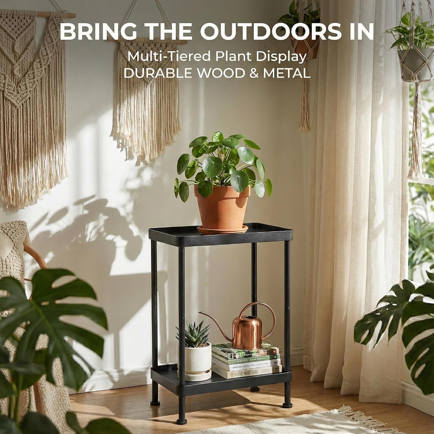 Small Narrow Side Table, 2 Tier End Table with Storage Shelf, Sofa Table for Small Spaces in Living Room, Bedroom, Office, Nightstand or Plant Stand (Black)