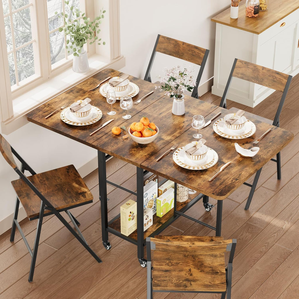 Garvee Dining Table Set for 4,Foldable Dining Table with 4 Foldable Chairs, Rectangle Space Saver Table and Chairs Set with Swivel Wheels, for Small Space,Apartment,Kitchen,Dining Room, Rustic Brown