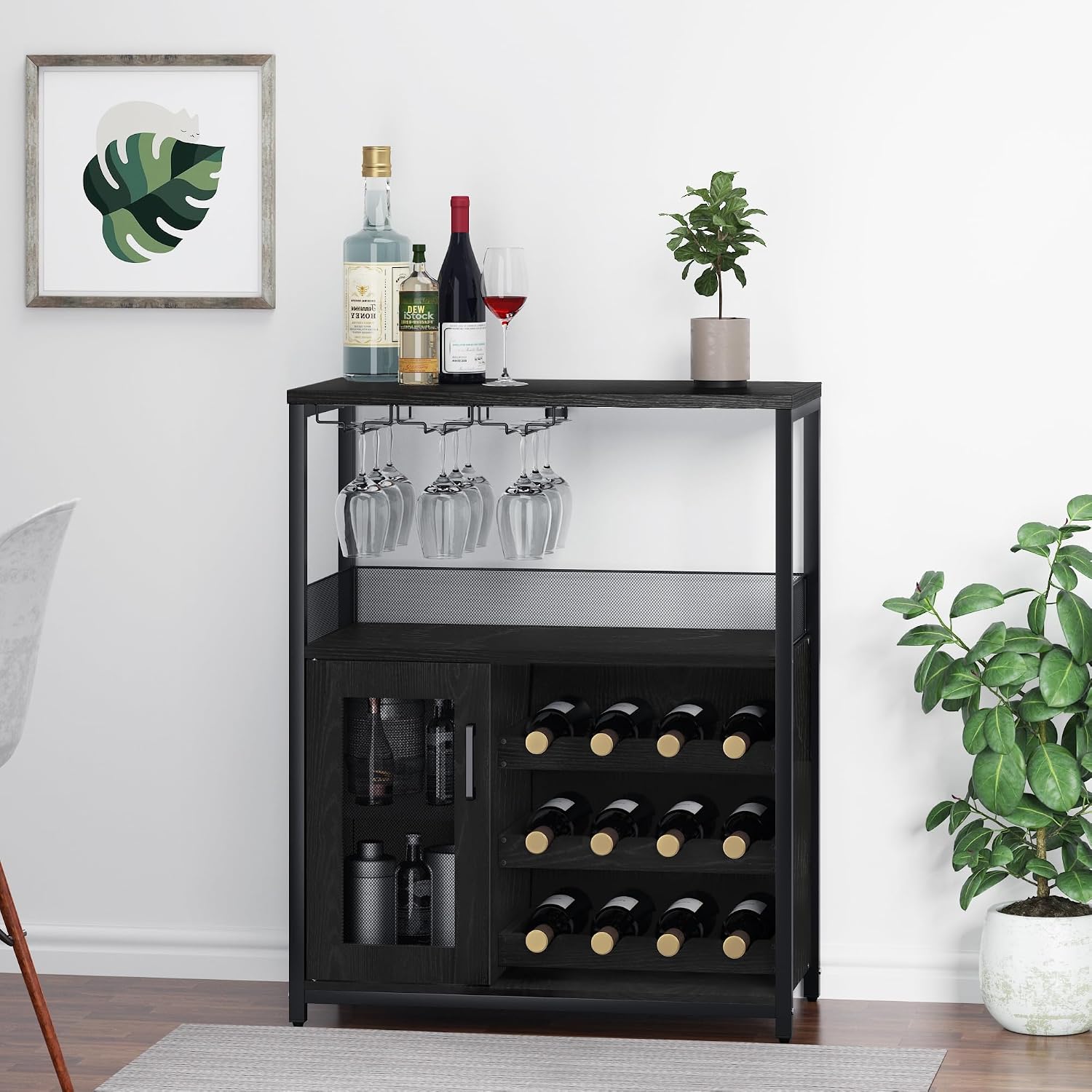 GAOMON Wine Bar Cabinet with Detachable Wine Rack, Bar Cabinet with Storage Space & Glass Holder, Mesh Door, Small Buffet Sideboard for Liquor and Glasses