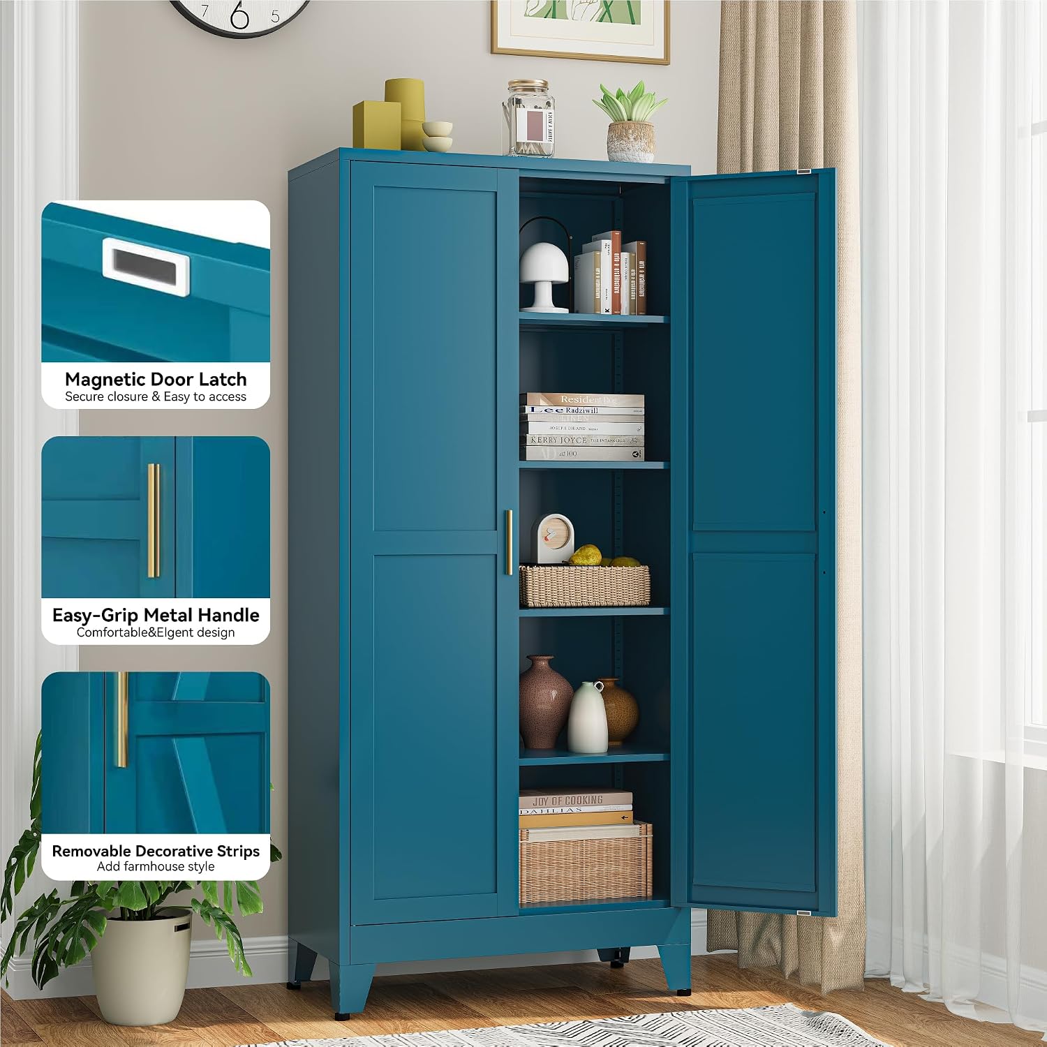 Bevivog Metal Kitchen Pantry Cupboard Cabinet, 71" Blue Storage Cabinets with 2 Doors and 4 Adjustable Shelves for Kitchen/Home Office/Dining Room/Living Space