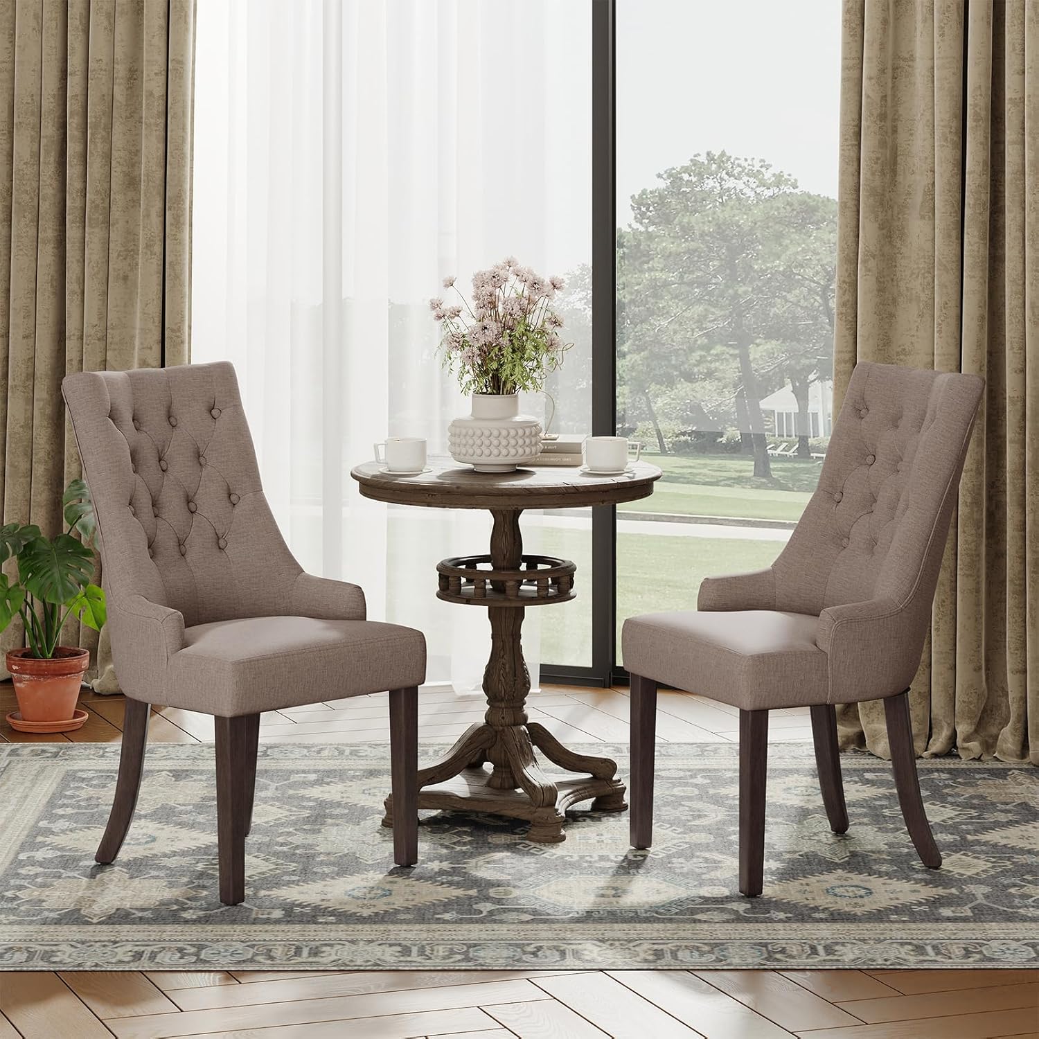 COLAMY Fabric Side Dining Chairs Set of 4, Wingback Upholstered Dining Room Chairs with Tufted Button, Living Room Chairs for Home Kitchen, Taupe