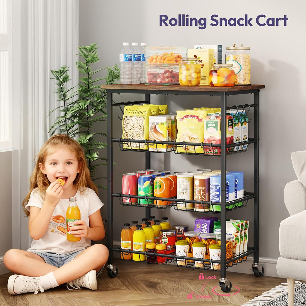 SWTYMIKI 24.4''x15.7'' Rolling Microwave Cart - 4 Tier Microwave Table Stand with 6 Storage Baskets, Coffee Bar with Wheels, Kitchen Utility Cart Shelf Rack Organizer for Vegetables, Potato, Brown