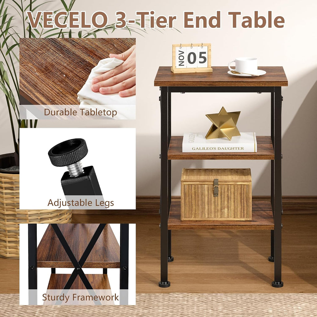 VECELO End Table, 24" Tall Wood Living Room X-Design Reinforced Side Tables, Nightstands with 3-Tier Wood Storage Shelves for Small Spaces, Office, Bathroom, Bedroom, Retro Brown, 2 Pack