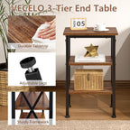 VECELO End Table, 24" Tall Wood Living Room X-Design Reinforced Side Tables, Nightstands with 3-Tier Wood Storage Shelves for Small Spaces, Office, Bathroom, Bedroom, Retro Brown, 2 Pack