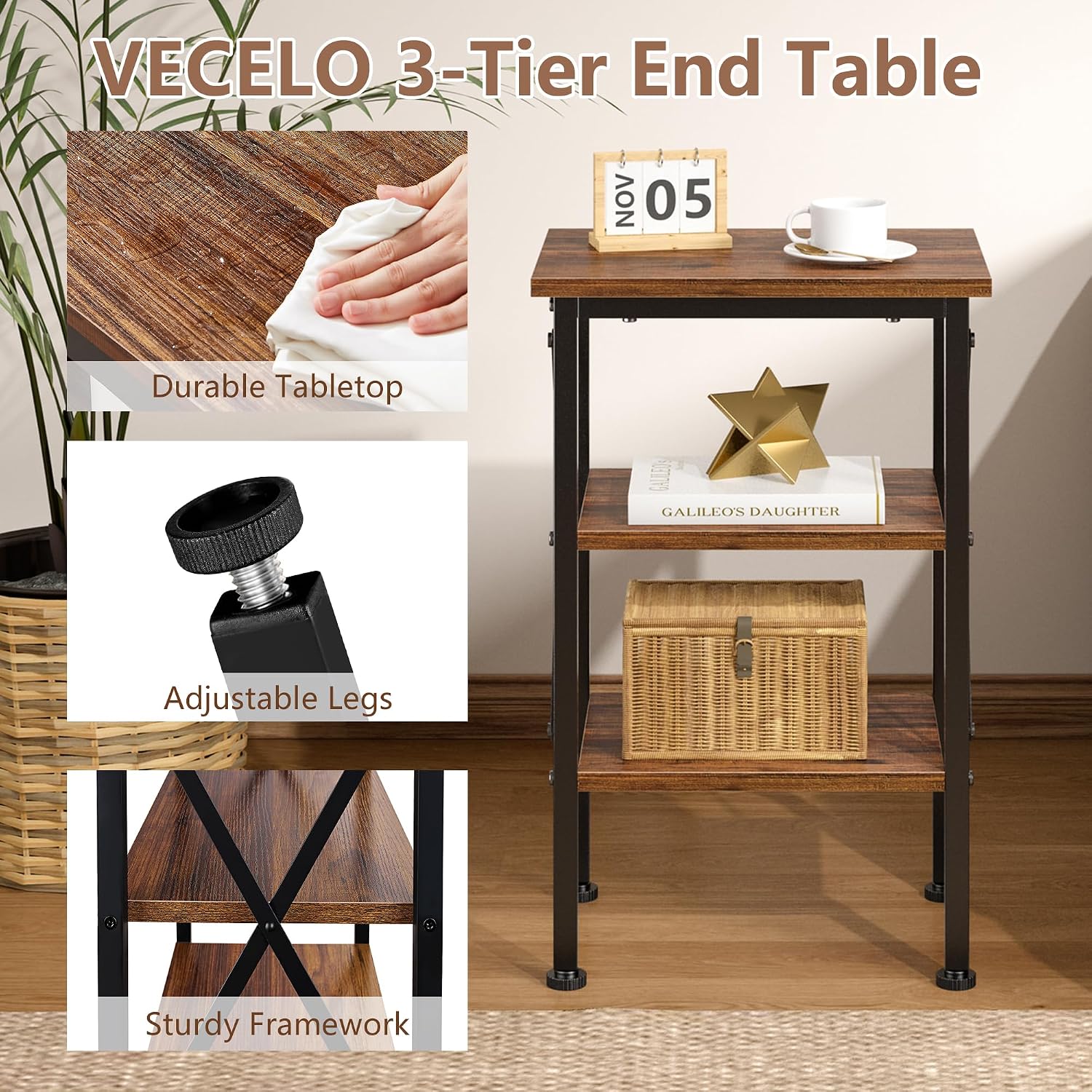 VECELO End Table, 24" Tall Wood Living Room X-Design Reinforced Side Tables, Nightstands with 3-Tier Wood Storage Shelves for Small Spaces, Office, Bathroom, Bedroom, Retro Brown, 2 Pack