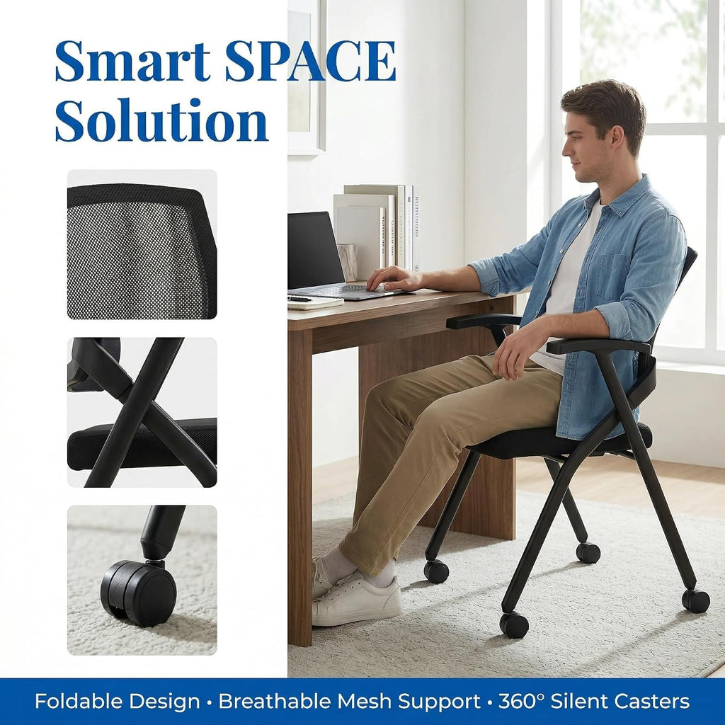 Folding Office Chair with Wheels – Mesh Back Conference Room Chair, Space-Saving Stackable & Foldable Chair for Guest, Reception Meeting, Classroom Training Seminar (with Wheel, 6pack)