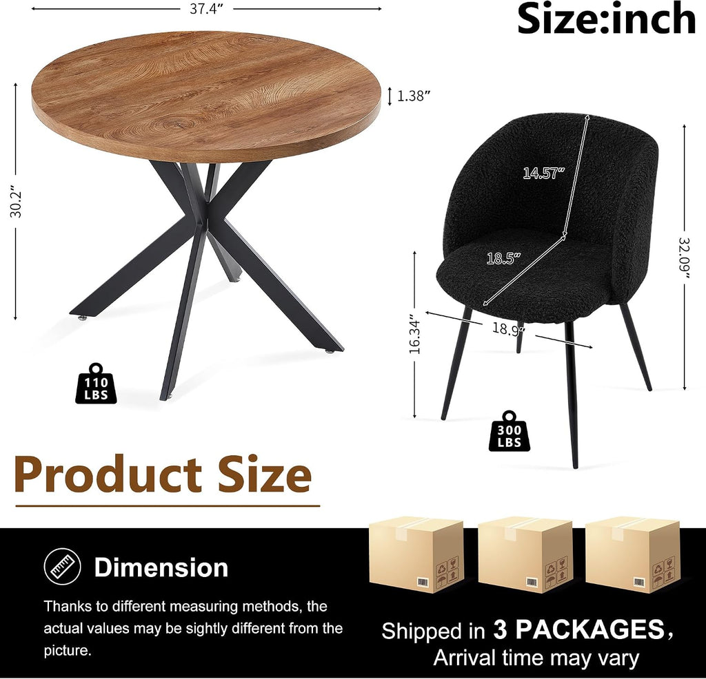 Homedot Dining Table Set for 2 with Black Dining Chairs, 3-Piece Compact Kitchen Table Set for Small Spaces, Rustic Brown Round Table Wooden with Upholstered Dining Side Chairs for Living Room