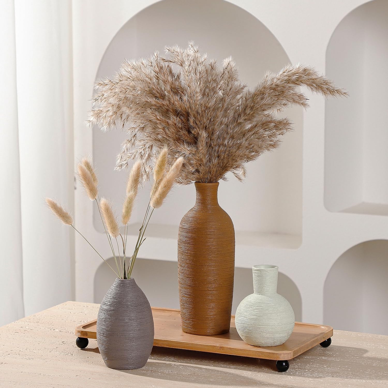 Ceramic Vases Set of 3 Home Decor Modern Rustic Farmhouse Pottery Decorative Flower Vases for Pampas Grass Dried Fresh Flowers, Living Room, Table Centerpiece, Shelf, Mantel (Multicolor Brown)