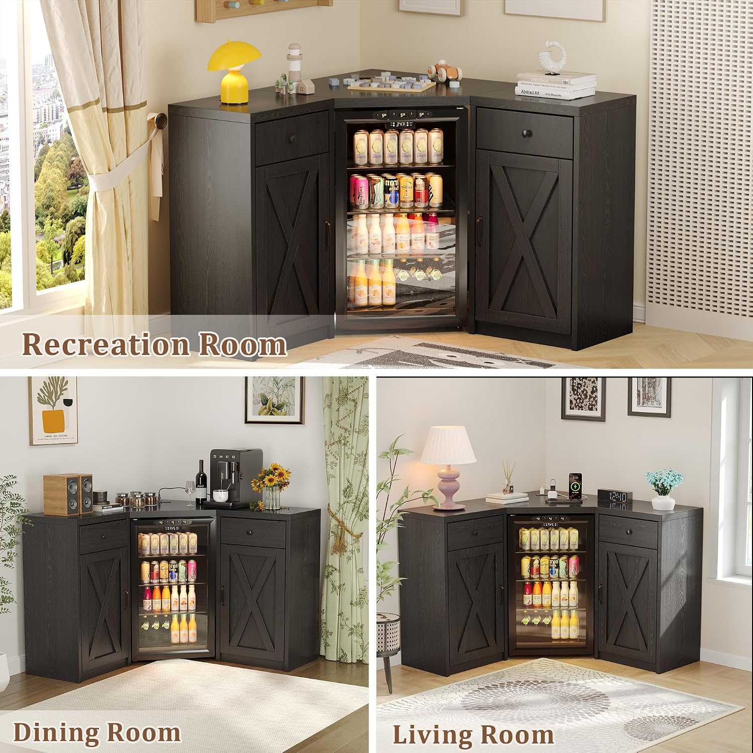 Coffee Bar Cabinet with Fridge Space, Corner Bar Cabinet with Fridge Space, L-Shaped Liquor Wine Cabinet for Home, Mini Fridge Cabinet with Storage for Dining Room, Living Room