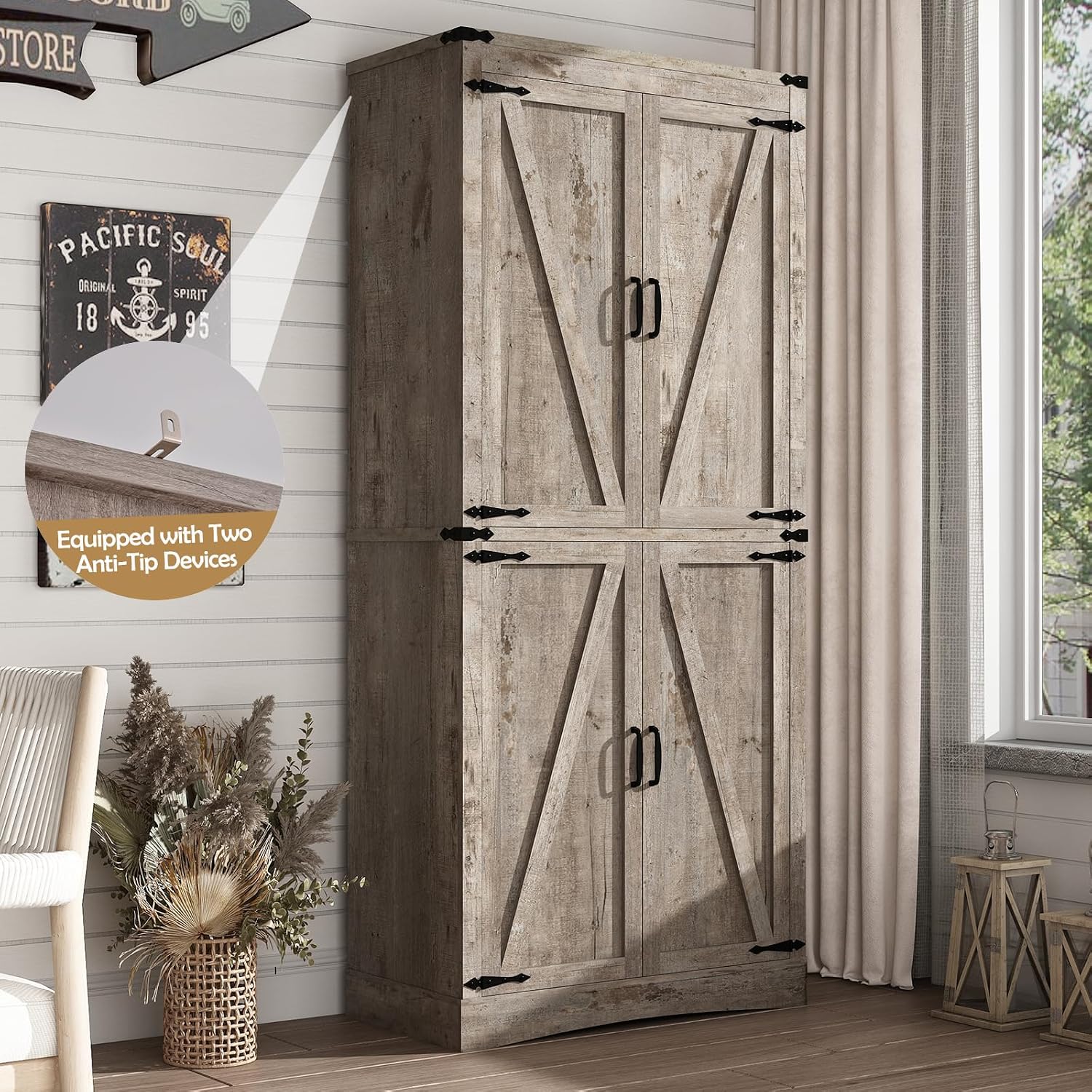 71in Farmhouse Kitchen Pantry Cabinet,Tall Storage Cabinet with 4 Doors and Adjustable shelves,with Load-Bearing Steel Pipe,Wood Storage Cabinets for Kitchen,Dining Room,Bathroom(Light Rustic Oak)