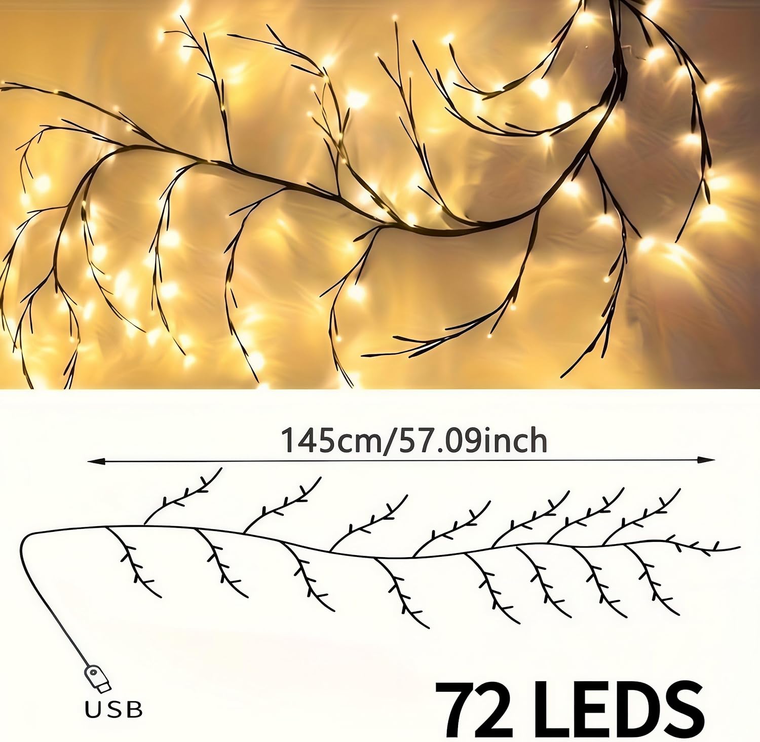 Enchanted Willow Vine Lights for Wall - 1.5m (5ft) with 72 LEDs, 8-Mode led Twinkling Tree Branch Light for Living Room, Bedroom Home Decor, Holiday Decor and Party Ambiance, Yellow