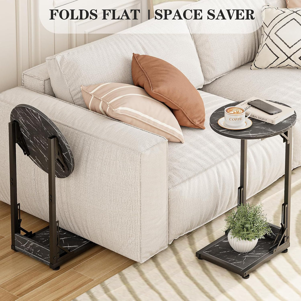 Folding Side Table, C Shaped End Table with Metal Frame, Round Couch Table & Slide Under Sofa TV Tray Table for Living Room, Bedroom, Small Spaces (Marble Black)