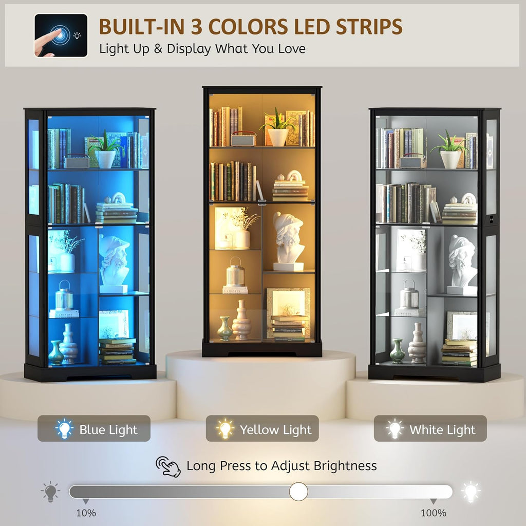 Gurexl Modern Glass Display Cabinet with Human Body Sensor, 7-Tier Curio Cabinet with Glass Doors & 3 Color Lights, Tall Display Case for Collectibles, Living Room, Black
