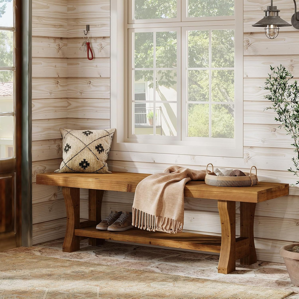 Solid Wood Entryway Bench, 55" End of Bed Bench, Long Indoor Dining Seat for Hallway, Bedroom, Living Room, Dining Room, Easy Assembly, Brown