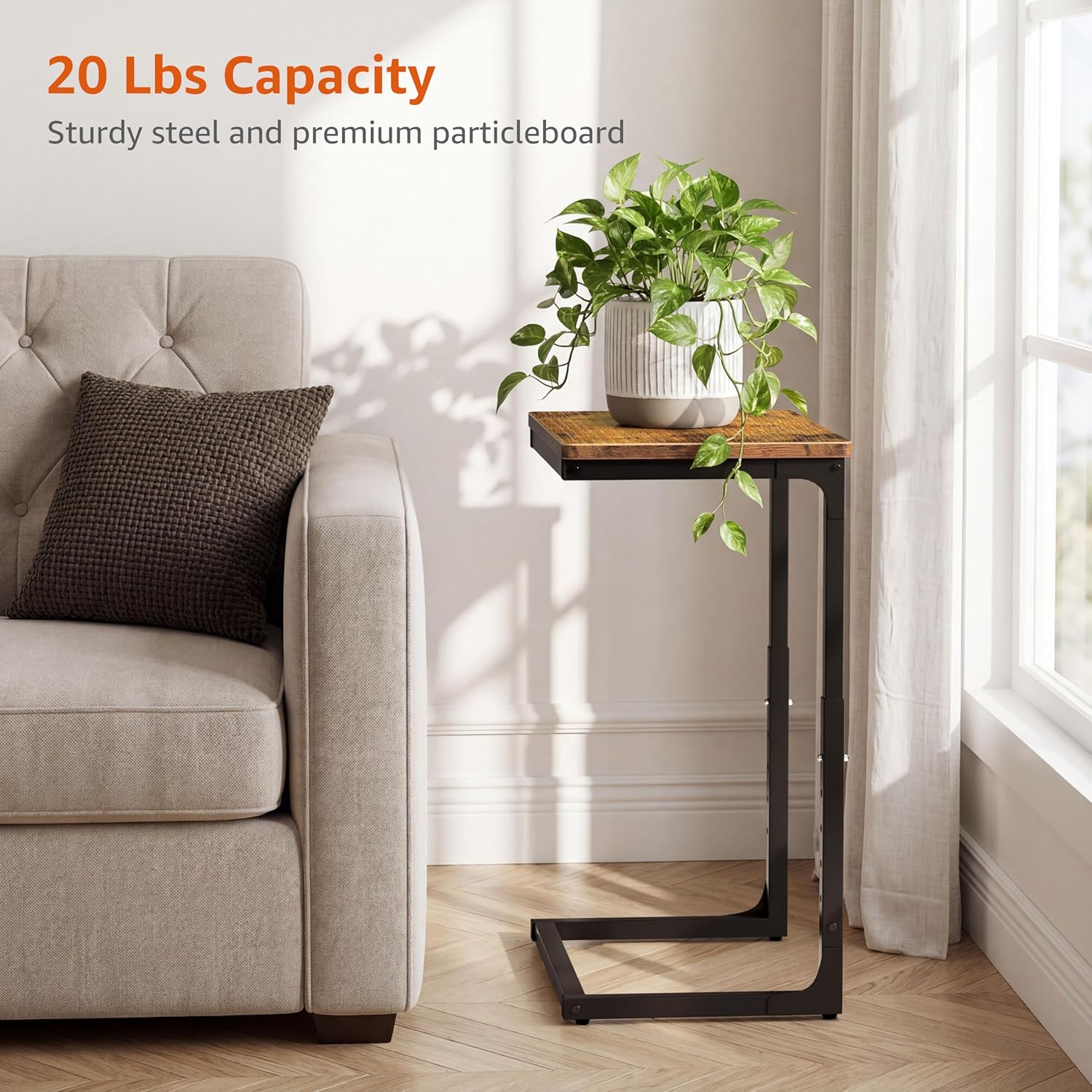 5-Level Adjustable C Side Table - End Table Living Room Bedroom Indoor Small C Shaped Couch Tray Desk, Farmhouse Brown