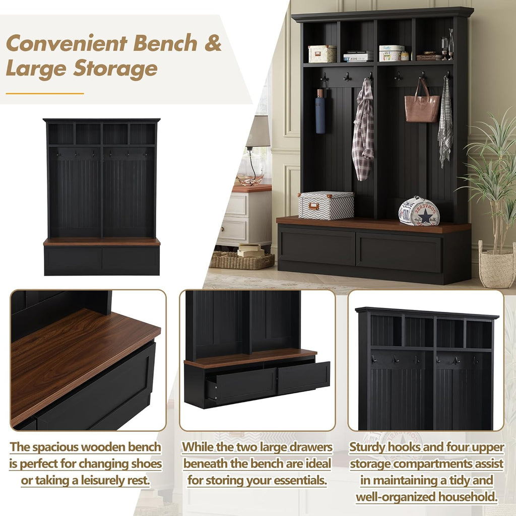 Merax Wood Hall Tree with 6 Hooks & Entryway Bench, Farmhouse Mudroom Versatile Coat Racks with 2 Large Drawers, Entrance Organizer for Hallway, Black