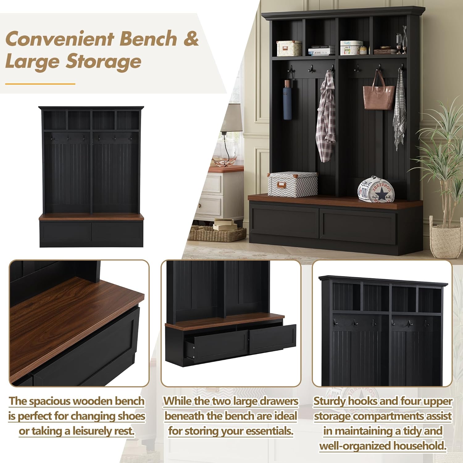 Merax Wood Hall Tree with 6 Hooks & Entryway Bench, Farmhouse Mudroom Versatile Coat Racks with 2 Large Drawers, Entrance Organizer for Hallway, Black