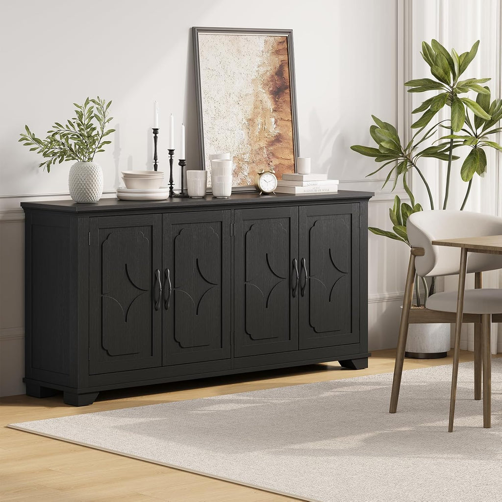 ONBRILL 63 Inch Buffet Cabinet with Storage, Large Sideboard Cabinet with 4 Carved Doors, Modern Credenza Storage Cabinets w/Adjustable Shelves for Kitchen, Living Room, Black