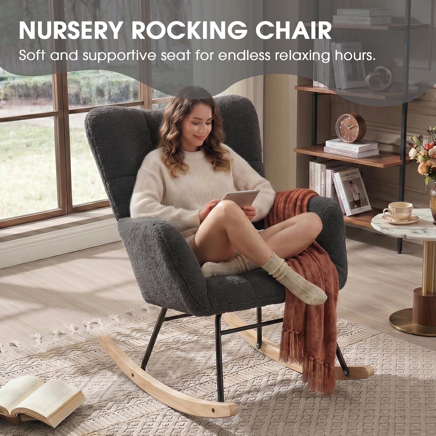 Rocking Chair Nursery, Teddy Upholstered Rocker Glider Chair with High Back, Rocker Recliner with Armrest, Gliding Chair with Thick Cushion, Accent Reading Chair for Bedroom (Dark Grey)