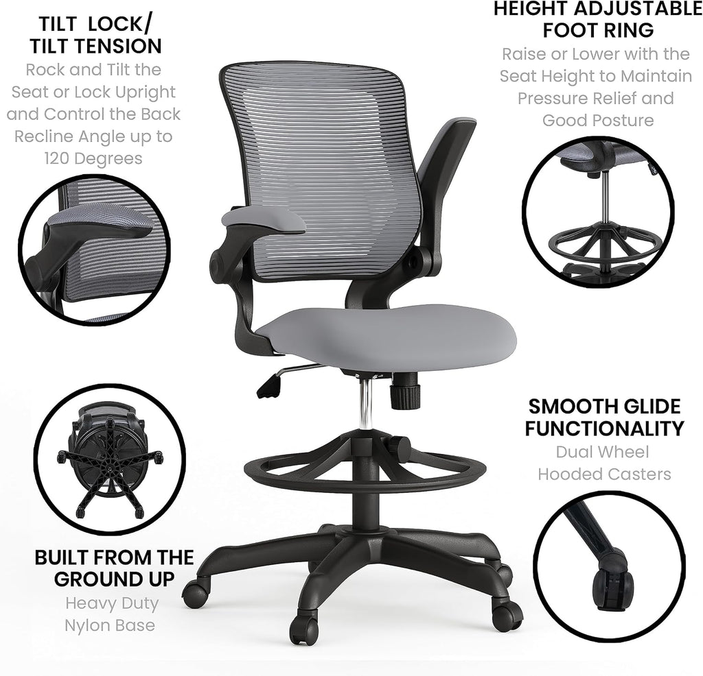 EMMA + OLIVER Mid-Back Dark Gray Mesh Ergonomic Drafting Chair with Foot Ring and Flip-Up Arms