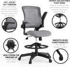EMMA + OLIVER Mid-Back Dark Gray Mesh Ergonomic Drafting Chair with Foot Ring and Flip-Up Arms
