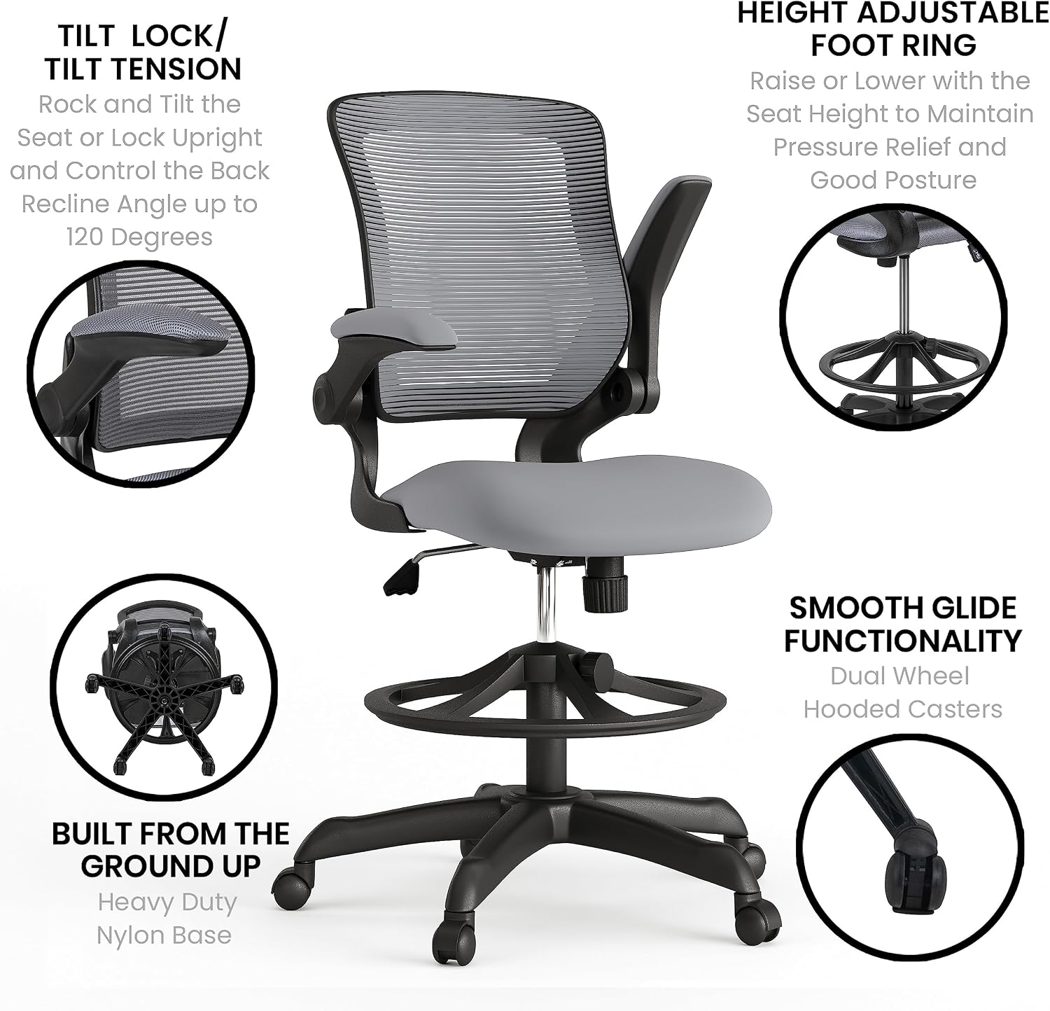 EMMA + OLIVER Mid-Back Dark Gray Mesh Ergonomic Drafting Chair with Foot Ring and Flip-Up Arms