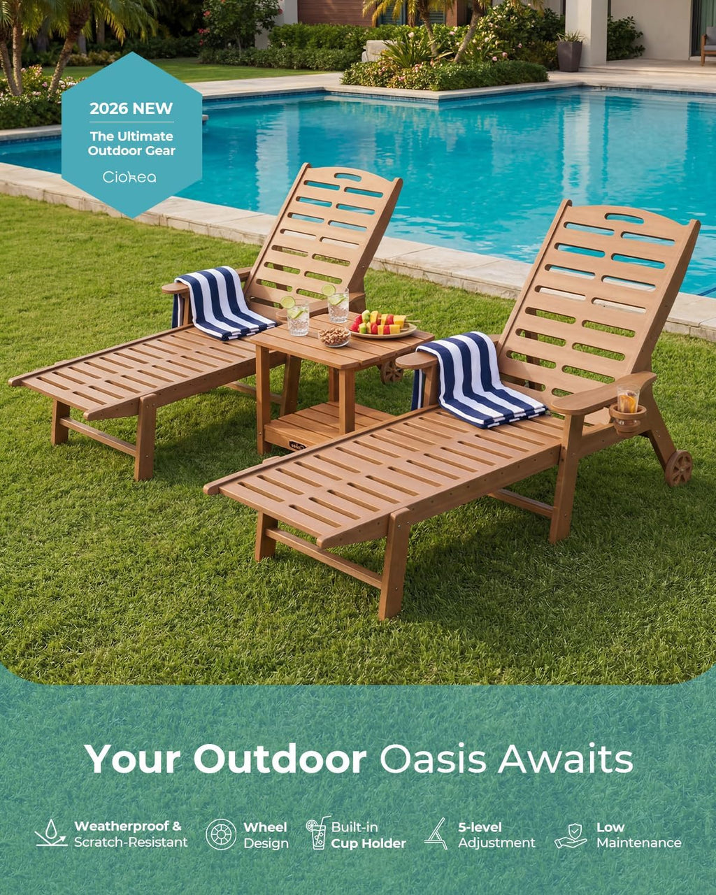Lounge Chair Outdoor with Wheels & Cup Holder, 5-Position Adjustable Heavy Duty Patio Lounge Chair, HDPE Outdoor Chaise Lounge, 350 lbs Capacity, All Weather for Poolside, Deck, Backyard (Teak)